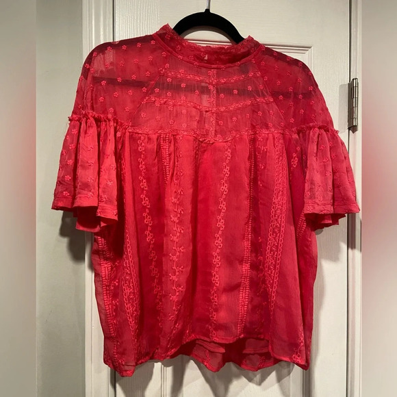 Aqua Pink High Neck Ruffle Sleeve Embroidered Flowy Babydoll Blouse Size M - Picture 1 of 11